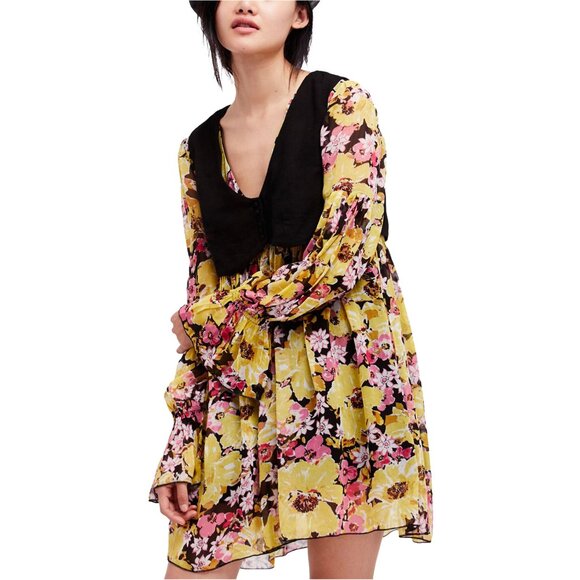 Free People Dresses & Skirts - Free People Small Mini Dress Yellow Pink Floral Retro Black Vest Long Sleeve NEW